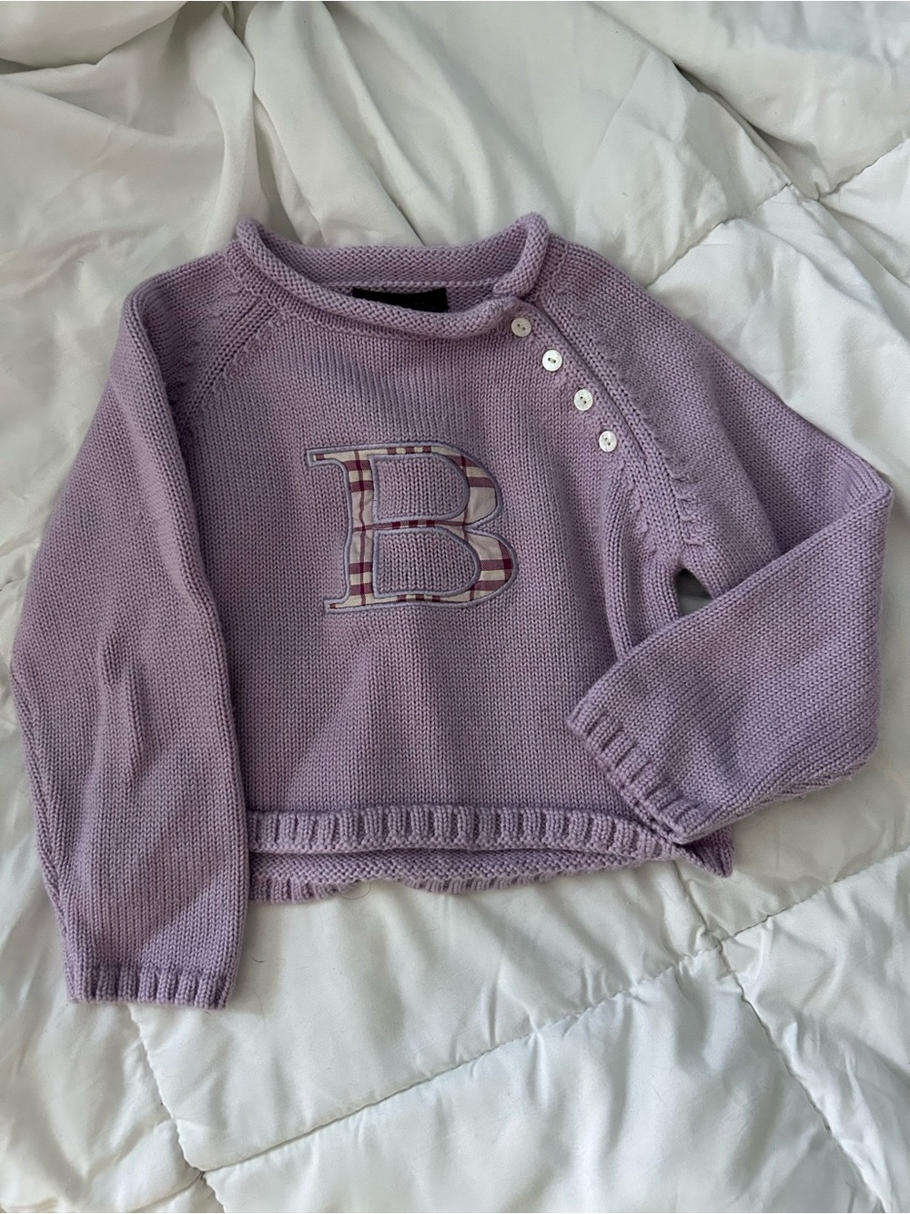 Burberry Lavender Crewneck Sweater with Plaid 'B' Appliqué